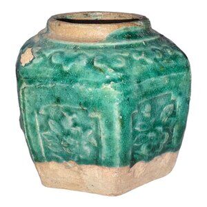 Vintage Green Hexagonal Floral Ceramic Vase